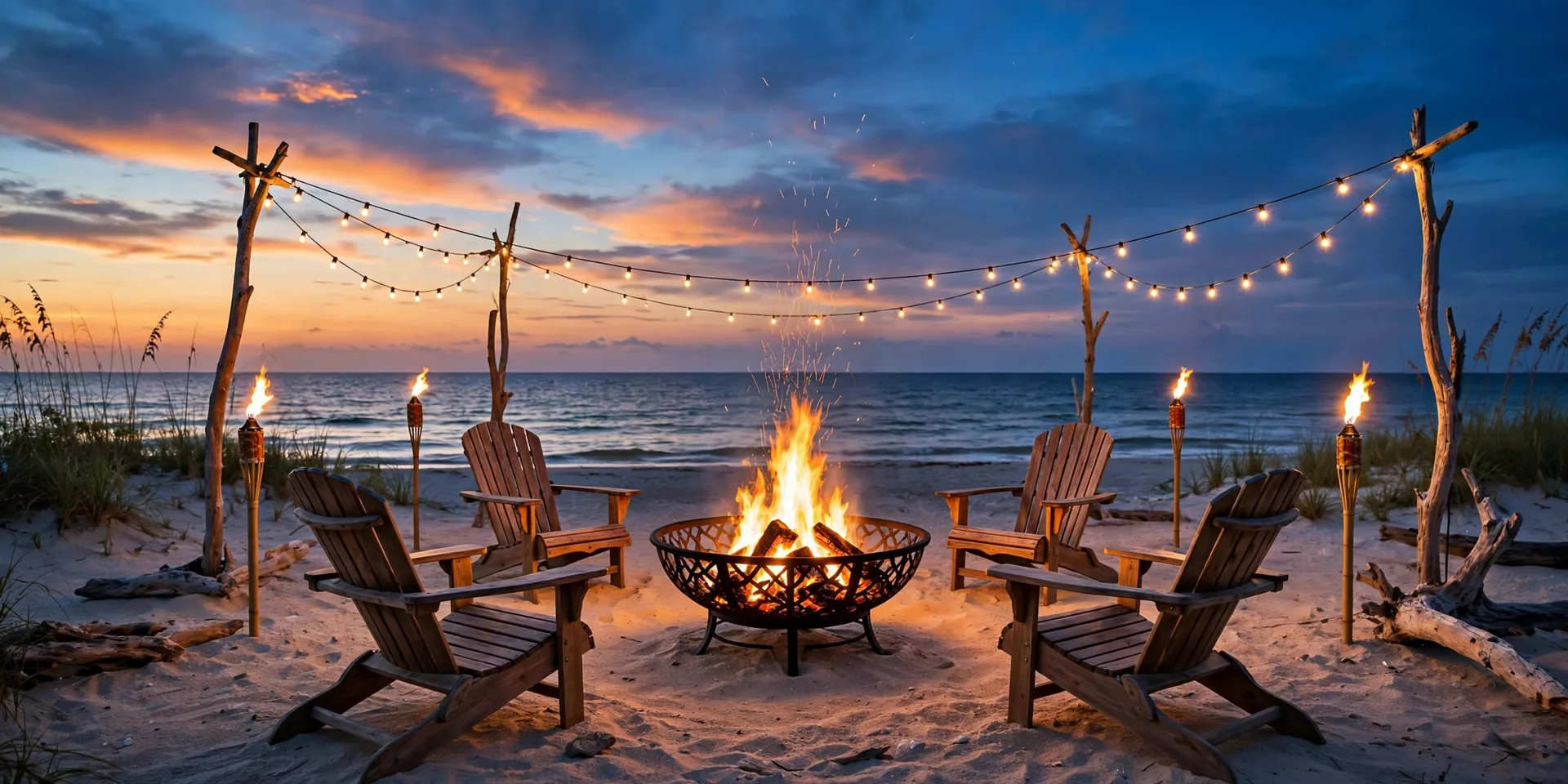 Beach bonfire with chairs and lanterns at dusk on 30A